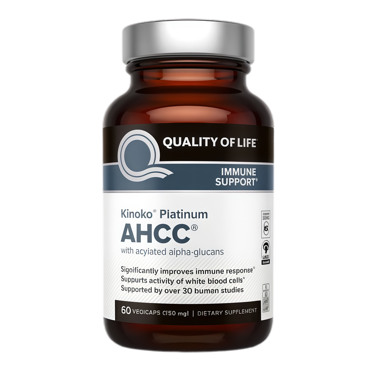 Quality of Life Premium Kinoko Platinum AHCC Herbal Supplement, 750mg per Capsule, for Immune Support, Liver Function, Maintains Natural Killer Cell Activity, Pack of 1, 60 Veggie Capsules